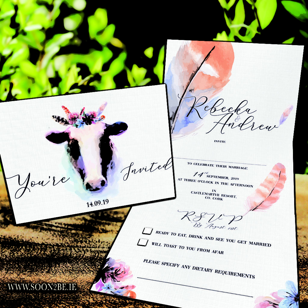 boho bohemian cow feather wedding invitation