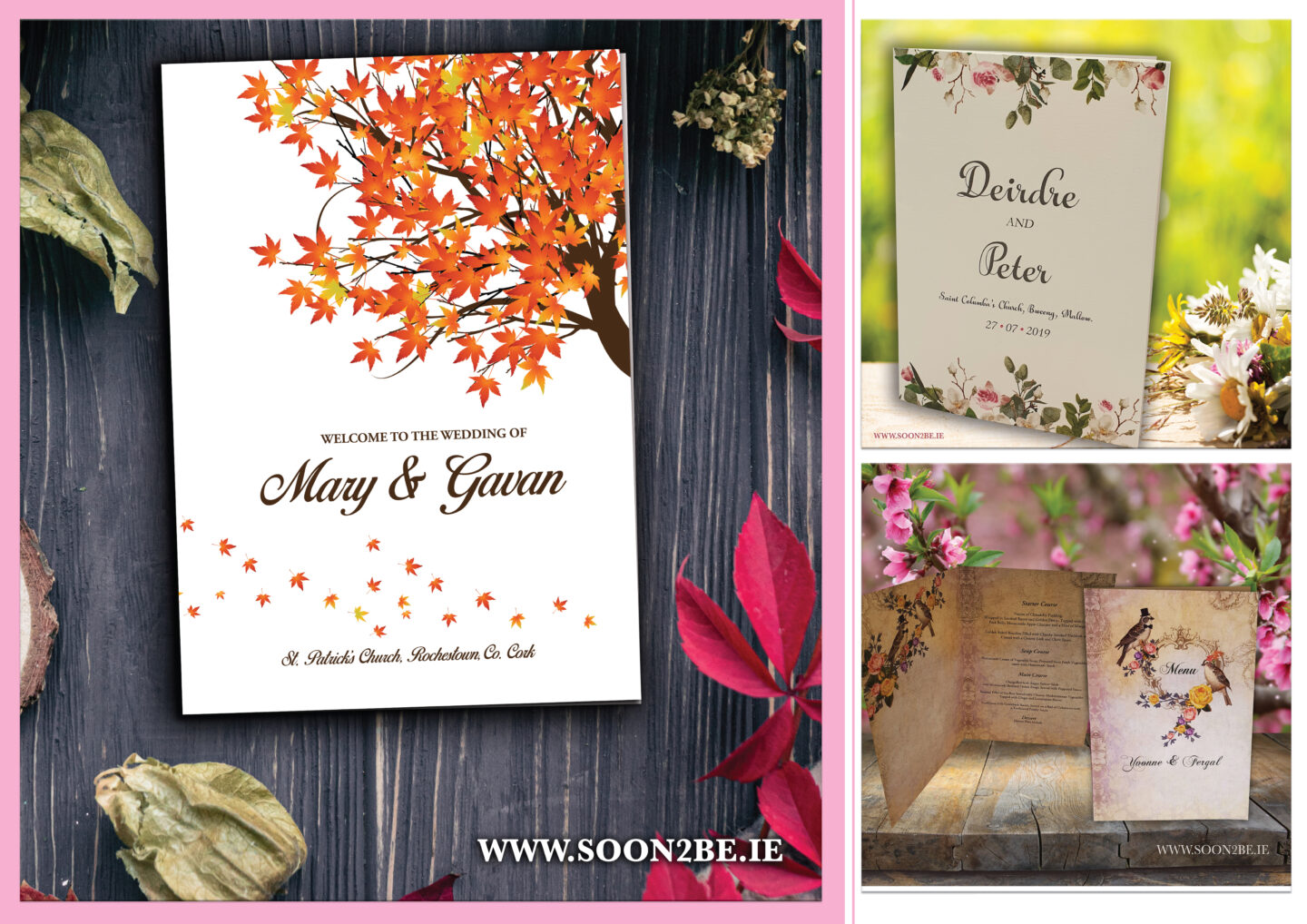 ceremony booklets, wedding booklets, wedding mass, wedding, booklet, flowers, vintage, tree, autumn,