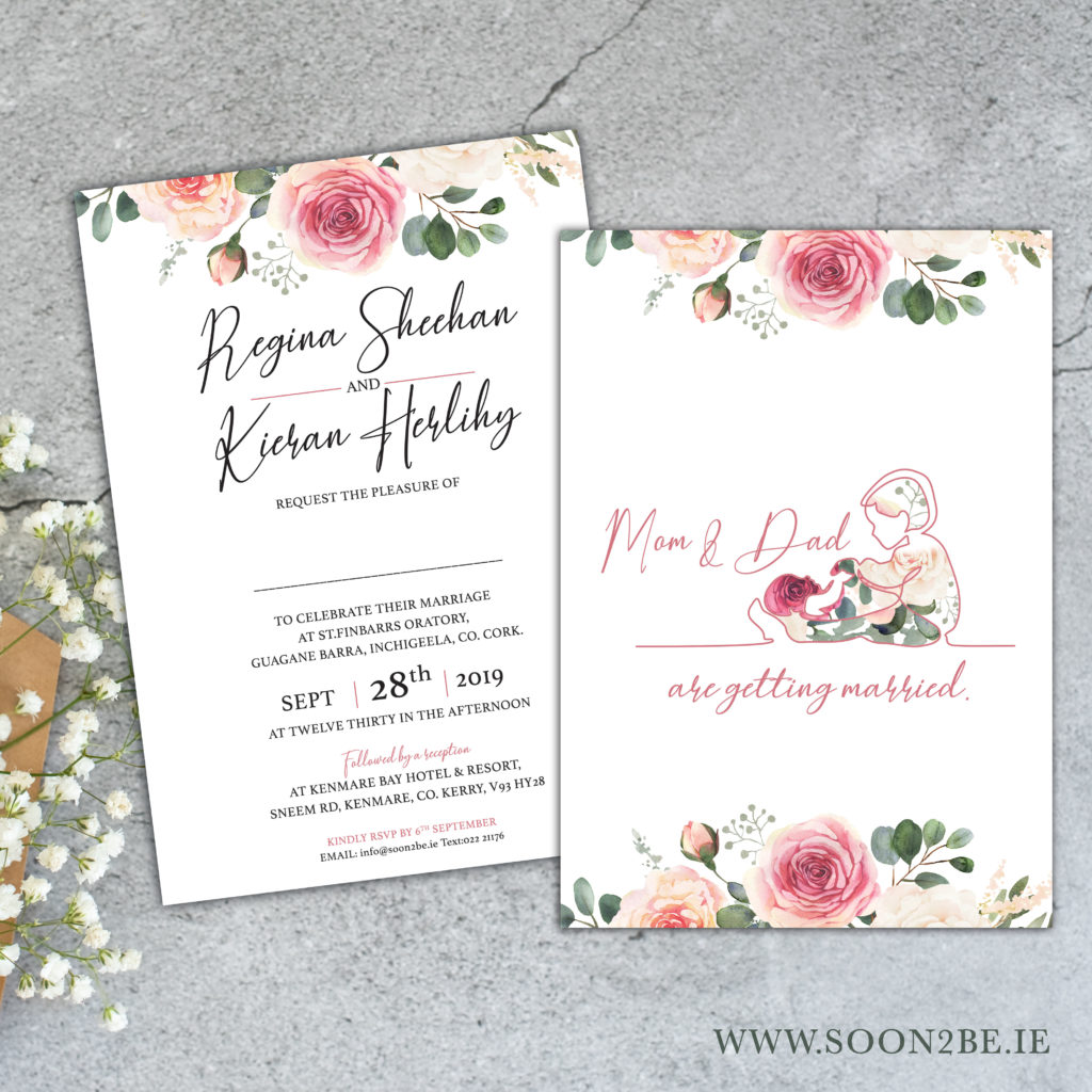 mom and dad are getting married family child flower rose wedding invitation